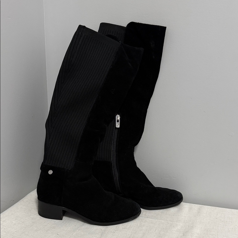 Antonio Melani Faylinn Knee-High Sock Black Leather Suede Boots with Zipper 6M